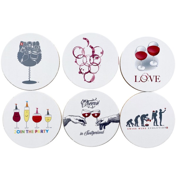 SET MIT 6 UNTERSETZER RUND 9.5cm SWISS WINE