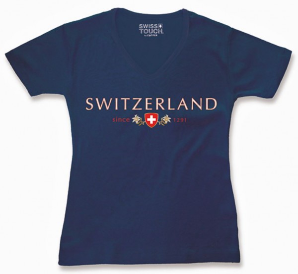 Damen T-Shirt Switzerland Schweizerwappen, dunkelblau