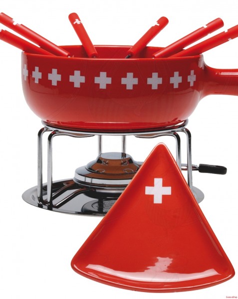 Käse Fondue-Set CH-Band- 15-teilig- rot