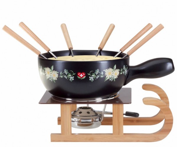 Käsefondue-Set, "Schlitten Blumenwiese", 9 teilig, schwarz