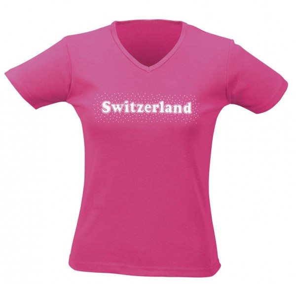 Damen T-Shirt CH silber Stein, fuchsia