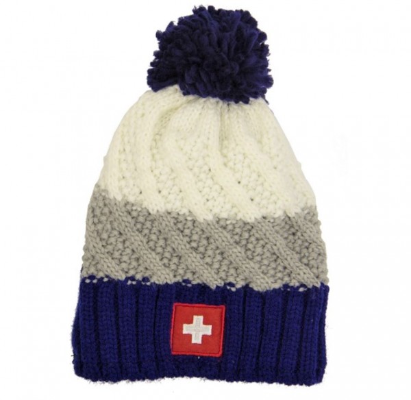 Wintermütze Schweizer Wappen, blau grau weiss