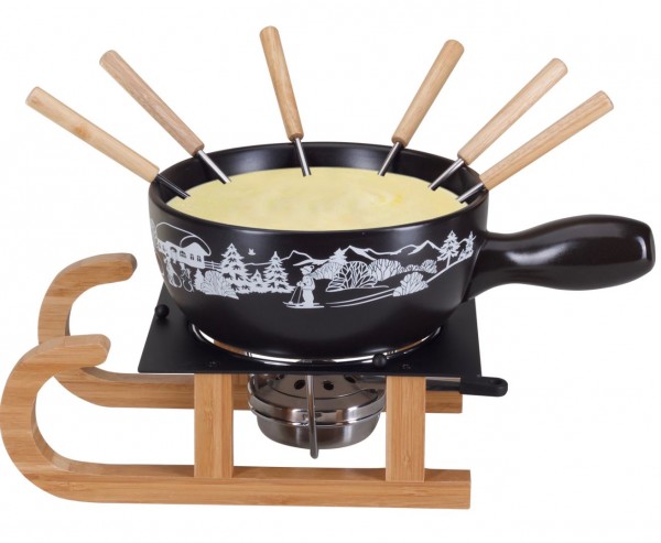 Käsefondue-Set Schlitten "Wintersport", 9 teilig, schwarz